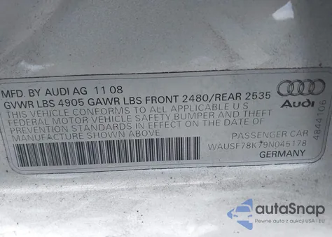 2009 Audi A4 2.0T Premium z USA, uszkodzony, nr VIN WAUSF78K79N045178